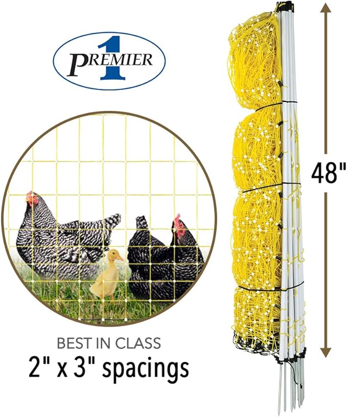 Premier 1 Portable Electric Chicken Net with Built-in Posts | 48"H x 164'L | Yellow Poultry Fence for Backyard Chickens, Ducks, Turkeys