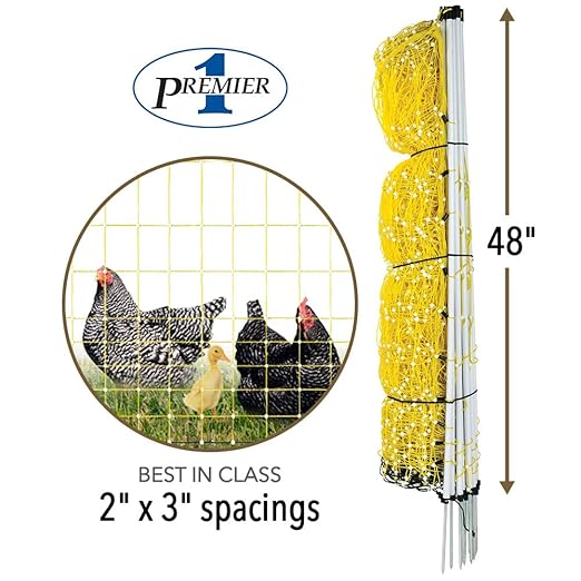 Premier 1 Portable Electric Chicken Net with Built-in Posts | 48"H x 82'L | Yellow Poultry Fence for Backyard Chickens, Ducks, Turkeys