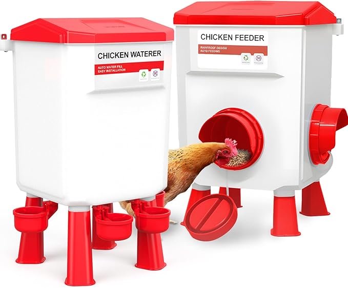Chicken Feeder and Waterer Set, Chicken Coop Accessories with Hanging Chicken Feeder and Hanging Chicken Waterer Kit No Waste, 2 Gallon/18 Pounds, Red