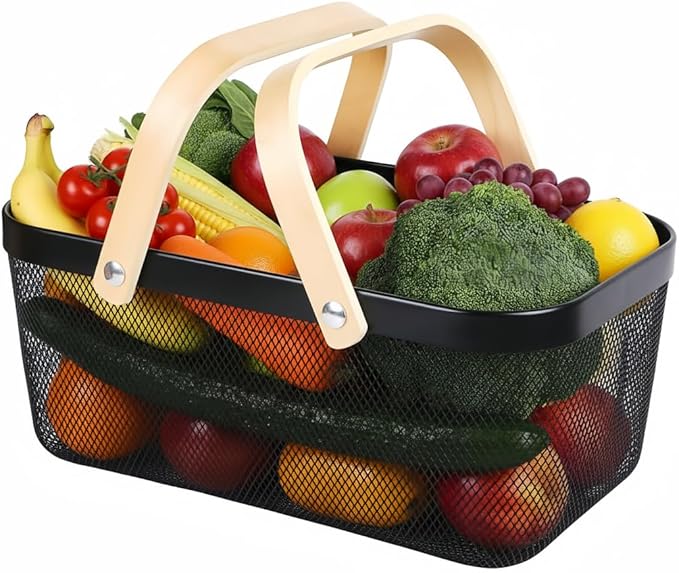 Portable Mesh Harvest Basket - Natural Bamboo Handle Foldable Organizer for Kitchen, Garden & Picnic | Ventilated Storage Bin with Rust-Proof Wire, Space-Saving Farmhouse Decor (Black)