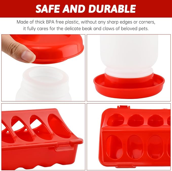 Chick Feeder and Waterer Set, 3 pcs 12 Hole Trough Feeders with Low-Spill Waterer for Baby Chicks or Ducklings Small Poultry, Brooder Coop Supplies Baby Chick Starter Kit (Color:Red)