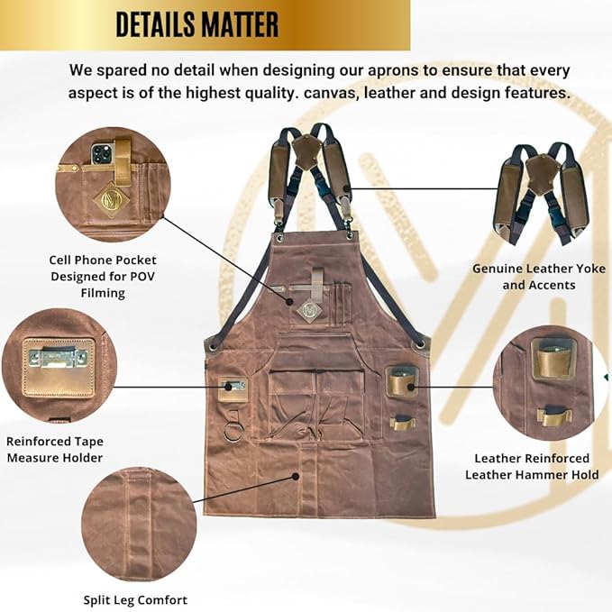 Mt Diablo 16oz - Woodworking Apron - Work Apron with Duck Weave Paraffin Waxed Canvas, Genuine Leather - Fits XS-XL
