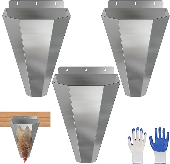 Medium Chicken Kill Cone for Butchering 3 Pack, Stainless Steel Killing Cones with 2 Pairs of Safety Gloves, Flat-Back Design, for Chickens, Ducks, Turkeys & Poultry up to 8 lbs (Silver)