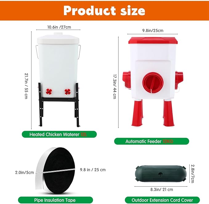 4 Pcs 3 Gallon 2 in 1 Heated Chicken Waterer with Heated Stainless Steel Table 26 Pounds Automatic Chicken Feeder Waterproof Outlet Box Pipe Insulation Tape Wrap for Winter Chick Coop