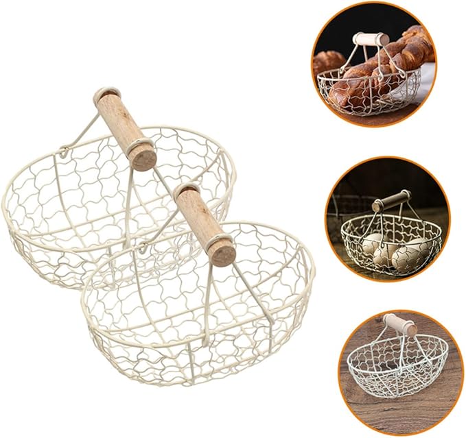 Luxshiny 2pcs White Iron Wire Mesh Basket with Wooden Handle, Farmhouse Style Fruit and Egg Storage Organizer for Kitchen Counter and Tabletop