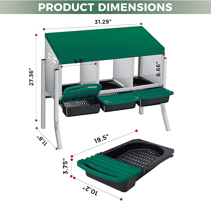 3/4-Hole Metal Chicken Nesting Box with Removable Roll-Out Tray - Easy Egg Collection & Clean Galvanized Steel Laying Box for Hens - for Backyard Coop & Poultry Farm Use