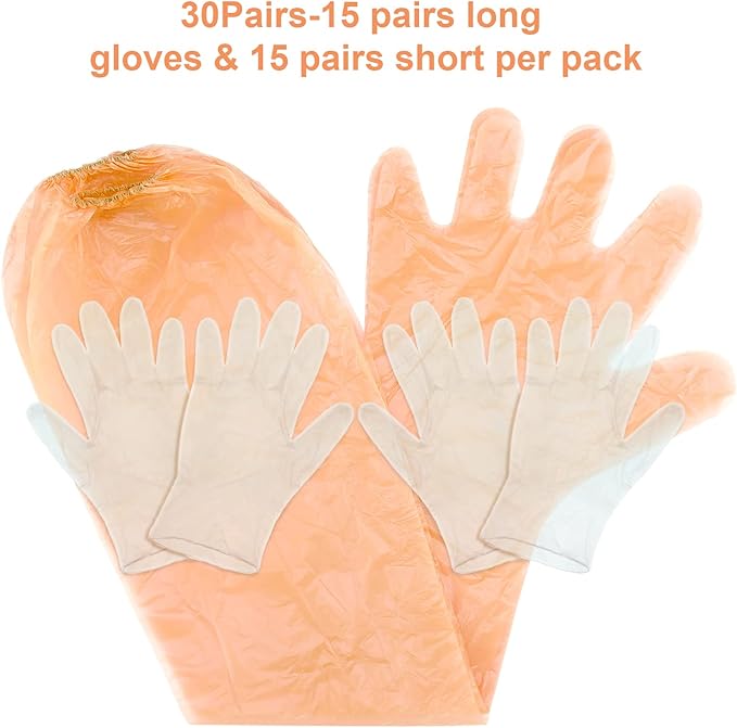 Honeydak 30 Pairs Field Dressing Gloves Disposable Deer Gutting Hunting Cleaning Gloves with Long and Short Mitten Combo PVC