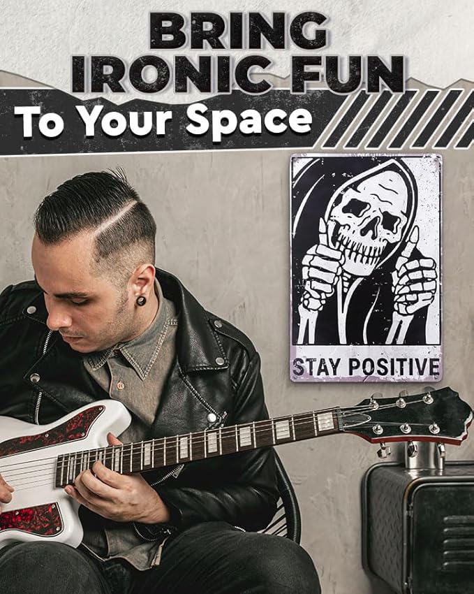 Halloween Skull Decor for Home – Stay Positive Tin Signs Vintage Style 8×12 Inch – Easy to Hang Halloween Wall Decor, Funny Metal Signs for Bedroom, Living Room, Garage, Office – Indoor/Outdoor Use