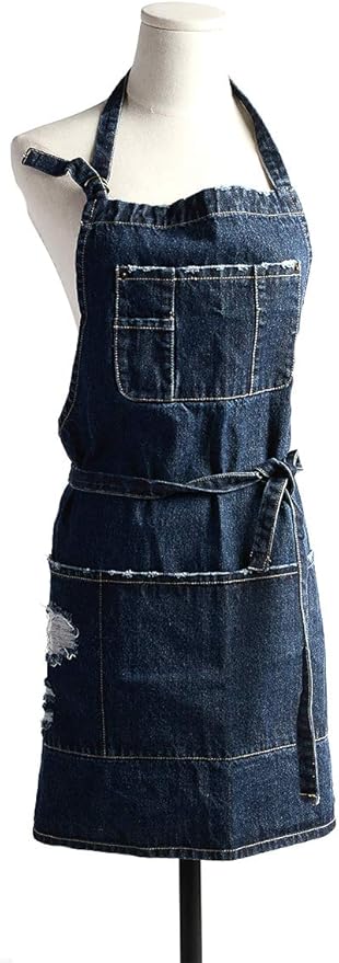 Cotton Denim Apron Soft - Unisex Adjustable Bib Apron with 5-Pockets Perfect for Kitchens