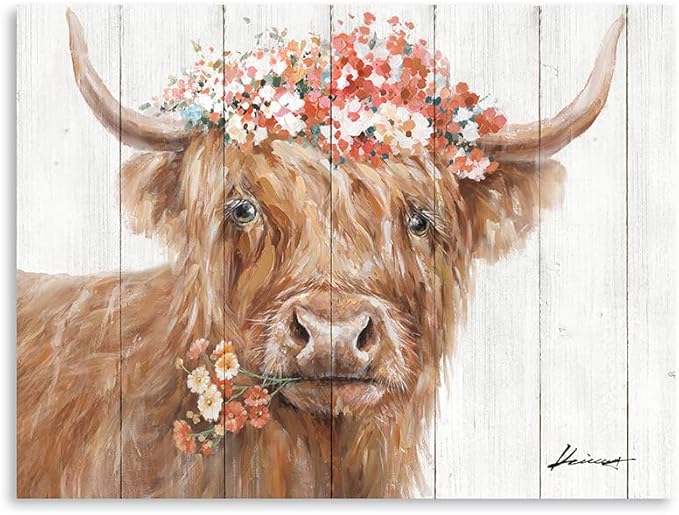 Yidepot Highland Cow Decor for Farmhouse: Retro Scottish Calf pictures hold Flowers Inspirational Quote Canvas Wall Art for boy's bedroom Kitchen Framed Ready to Hang Size 12"x15"