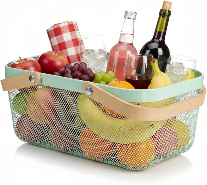 Portable Mesh Harvest Basket - Natural Bamboo Handle Foldable Organizer for Kitchen, Garden & Picnic | Ventilated Storage Bin with Rust-Proof Wire, Space-Saving Farmhouse Decor (Nebula Green)