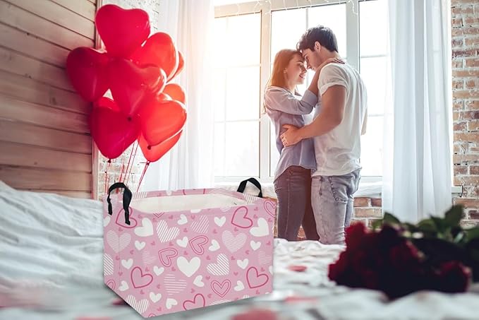 Rectangular Valentine's Day Baskets,Heart Basket,Pink Girls Basket Kids Storage Bin Love Room Decor for Home.(Pink Striped Heart)