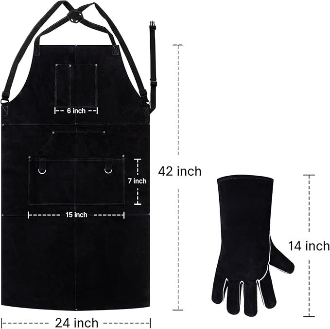 eletecpro Heavy Duty Leather Welding Apron Genuine Cowhide Flame & Heat Resistant Adjustable 42Lx24W with 6 Tool Pockets and Gloves for Mechanic, BBQ, Woodworking, Gardening, Men & Women Gift, Black
