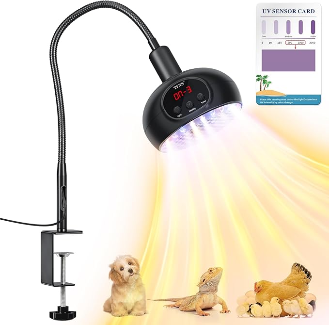 Heat Lamp for Chickens with Holder，200W-350W-500W Reptile Heating Lamp with UVA UVB Ligh 3-6-9-12H Timer, Protable Greenhouse Heater for Outdoor Chicken Coop Indoor Reptile Rabbits Dog Cats