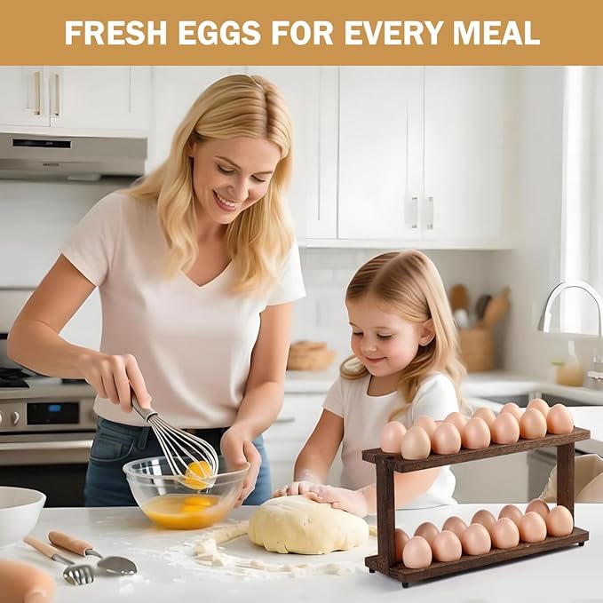 PEKER Wooden Egg Holder, 2-Tier Countertop Egg Rack, 24-Egg Capacity (Paulownia Wood), Farmhouse Kitchen Organizer for Fresh Eggs