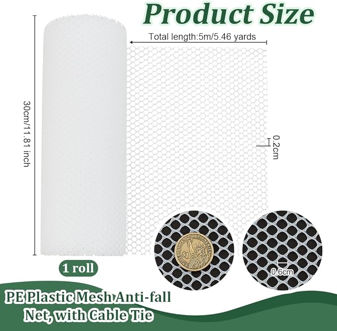 OLYCRAFT 16.4Ftx12 Inch White Plastic Chicken Wire Fence Mesh Poultry Fencing with Cable Tie Hexagonal Fencing Wire Protective Fence Net Plastic Mesh Anti-fall Net for Gardening Floral Chicken Netting