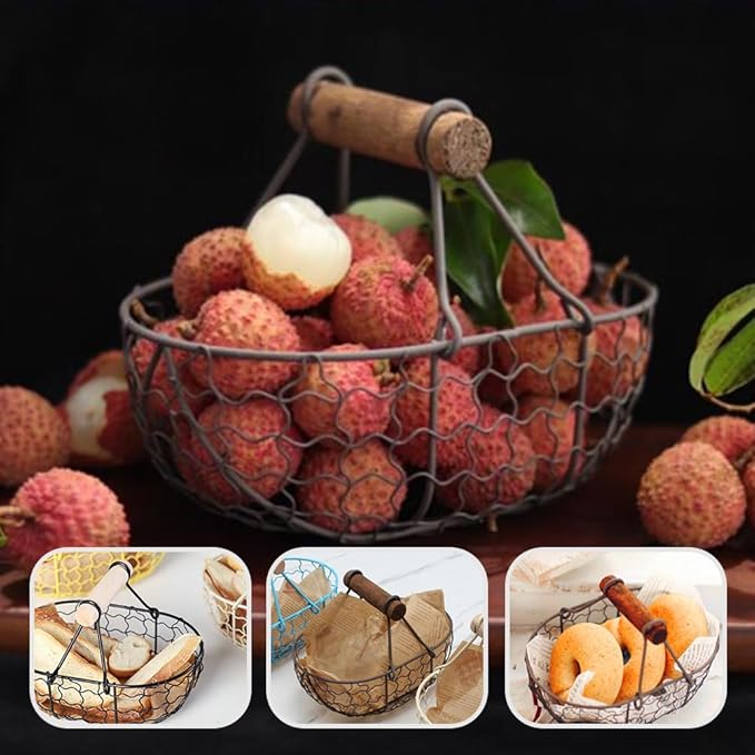 Zerodeko Egg Basket - Egg Collecting Basket Vintage Style Storage with Wooden Handle Round Metal Fruit Collecting Flower Arangment for Home Countertop Holder Container