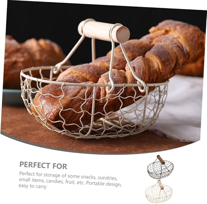 2pcs Wire Egg and Bread Basket with Wooden Handle, Farmhouse Style Multi-function Fruit Storage Container for Kitchen Countertop and Pantry Organization