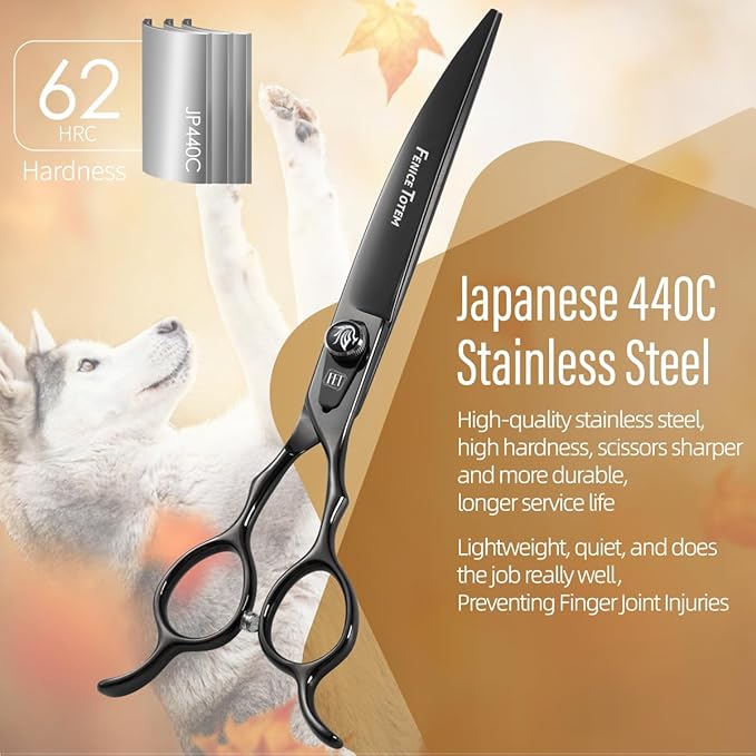Dog Grooming Scissors: 8 inch Bright Black Pet Curved Shears Made Of Japanese 440C Advanced Stainless Steel Professional Grooming Scissors for Dogs Cats and Other Pets