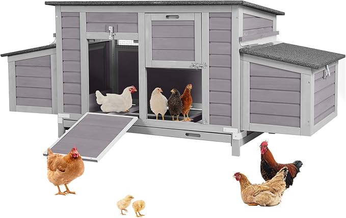 Aivituvin Large Wooden Chicken Coop, Double Nesting Boxes, Waterproof Asphalt Roof, Stainless Steel Hardware, Pull-Out Tray, Secure Poultry House for 2–4 Chickens