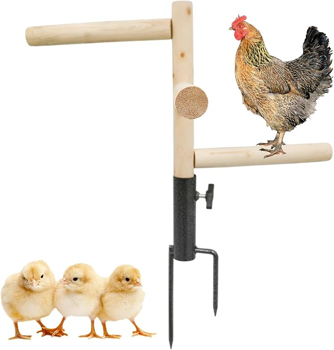 Chicken Perch Toy for Coop, Wooden Perch Stand with Metal Ground Plug for Chicken House Accessories, Chicken Enrichment Toys, Toys for Chicken, Hens, Geese, Ducks, Turkeys, Poultry