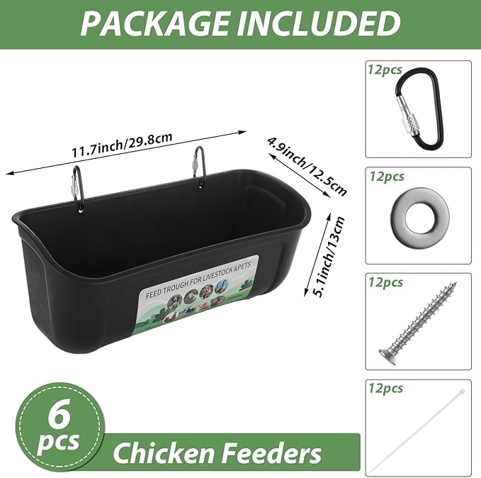 6 PCS Black Goat Feeder Hanging Pig Feeder with Clips 5 Quart Chicken Feeder Trough Poultry Feeder Hanging Goat Mineral Feeder Chicken Coop Feeder and Waters for Livestock, Pets, Poultry
