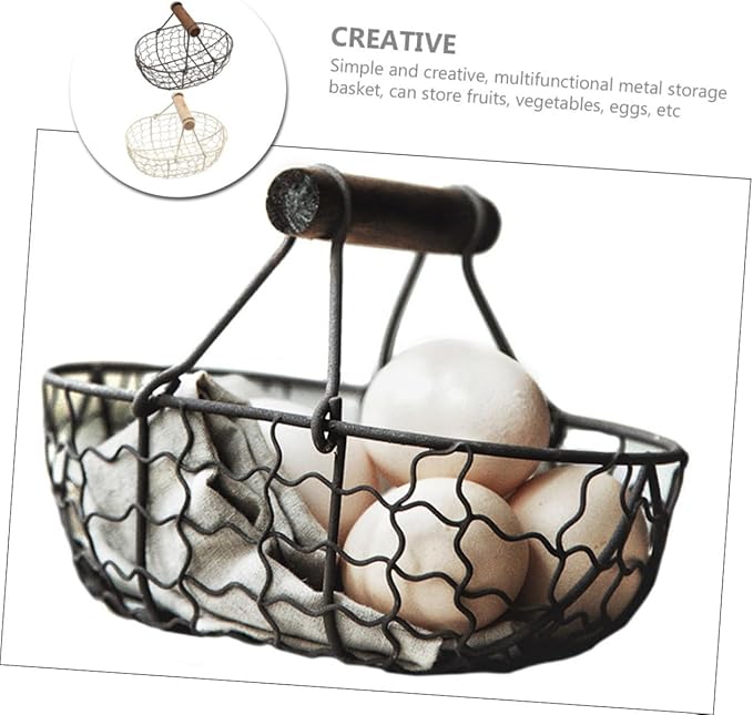 Garneck 2pcs Vintage Iron Storage Basket with Wooden Handles, Rustic Farmhouse Style Fruit and Bread Basket for Kitchen Countertop, Household Egg and Vegetable Organizer in Dark Gray