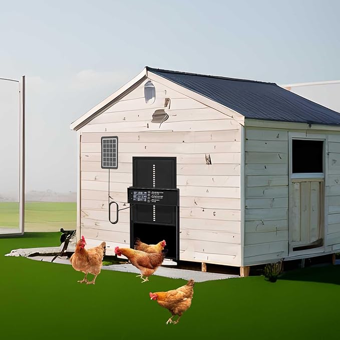 Automatic Chicken Coop Door Solar Powered, LCD Display Chicken Door with Timer & Light Sensor, Remote Control & 4 Modes, Anti-Pinch, Weatherproof