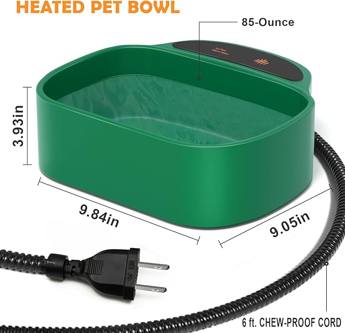 Heated Water Bowl With Chew-Proof Cord - 85-Ounce Outdoor Thermal Bowl for Dog, Cat, Chicken - 35-Watt, Green