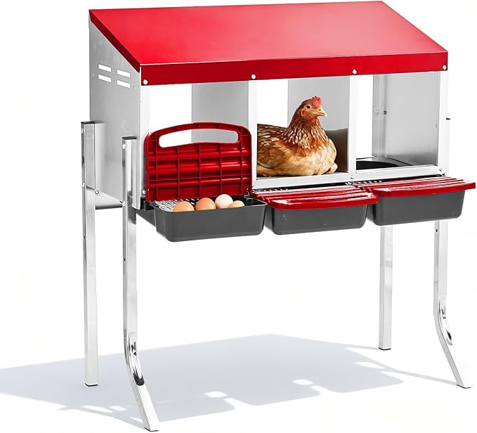 Outvita Chicken Nesting Boxes, 3 Compartments Metal Nesting Boxes for Chickens with Metal Legs, Wall/Floor Mount for Laying Eggs with Swing Perch and Roll Away Egg Collection for Chicken Coop, Red