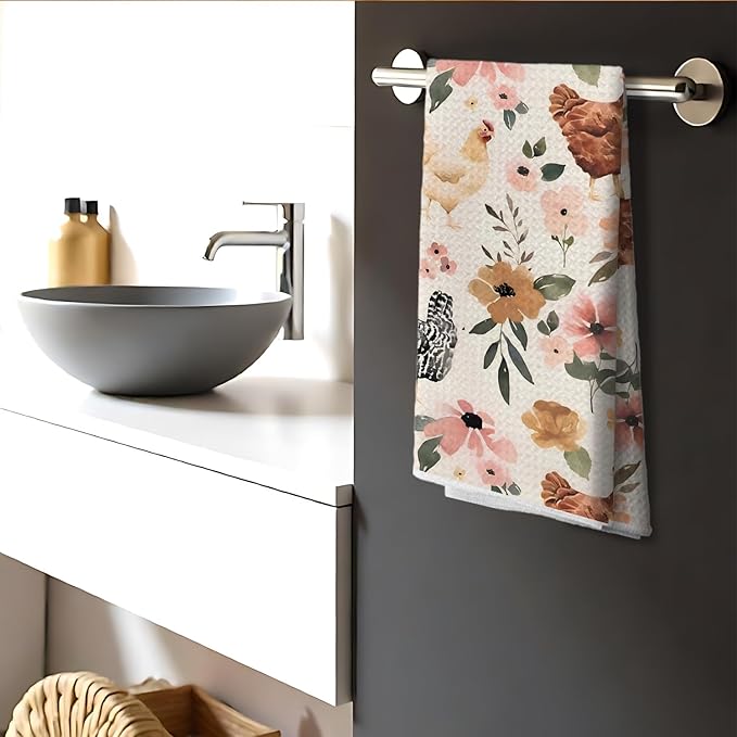 Chicken Kitchen Towels, Chicken Dish Towels, Chicken Gifts for Women, Chicken Mom Lady Gifts, Chicken Gifts for Chicken Lovers, Chicken Floral Hand Towels for Bathroom, 16x24 Inch