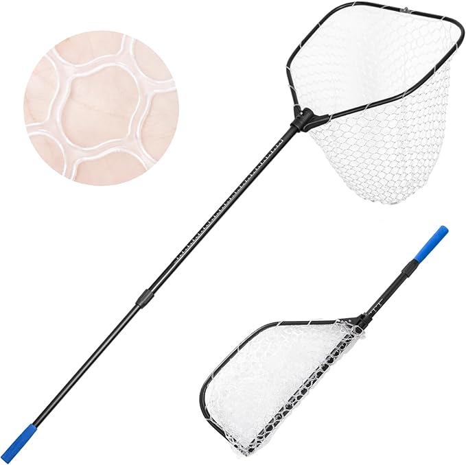 Large Telescoping Fishing Net, Folding Landing Net with Long Handle, Rubber Netting, Lightweight, Length 56″-75″, Hoop Size 20″ x 19″, Depth 20″, 25 lbs. Capacity