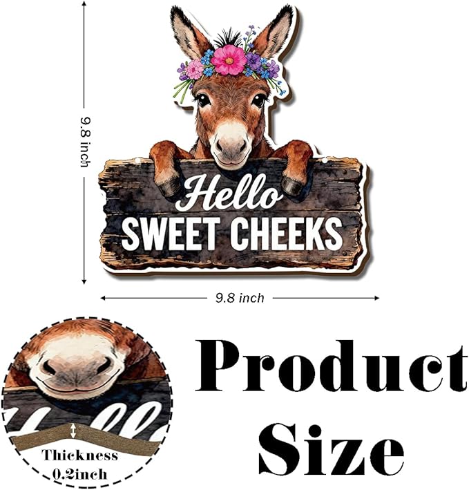 Farmhouse Bathroom Wall Decor, Hello Sweet Cheeks Donkey Sign, Rustic Wood Hanging Plaque, Watercolor Farm Animal Wall Art Painting Style for Bathroom Front Door Country Home, 9.8x9.8 Inches