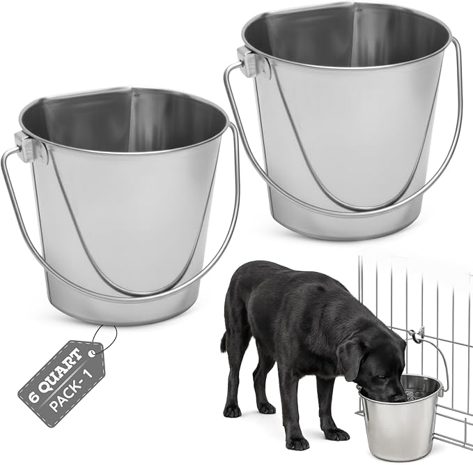 Flat Side Stainless Steel Bucket 6 Quart Hanging Feeding Utility Pail for XL Dog Goat Sheep Livestock, Fits Kennel Cage Crate Farm, Heavy Duty Food & Water Feeder, 1.5 Gallon Silver 2Pack