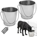 Flat Side Stainless Steel Bucket 6 Quart Hanging Feeding Utility Pail for XL Dog Goat Sheep Livestock, Fits Kennel Cage Crate Farm, Heavy Duty Food & Water Feeder, 1.5 Gallon Silver 2Pack