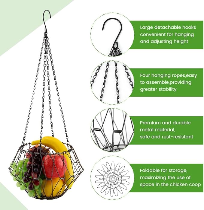 Hanging Chicken Feeder, 9.2 inches Large Poultry Vegetable Fruits Feeder Basket with 4Pcs Hanging Stainless Chain, Veggie Treat Ball for Chicken,Hens,Duck,Rabbit Coop(Size:2pcs)