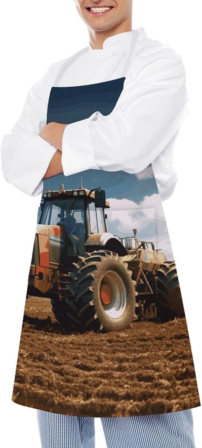 Adult Apron with Pocket, Adjustable Fantasy Farm Tractor Bib Aprons for Kitchen, Cross Back Chef Aprons for Man Woman, Waterproof Apron for BBQ Crafting Outdoors, Cooking