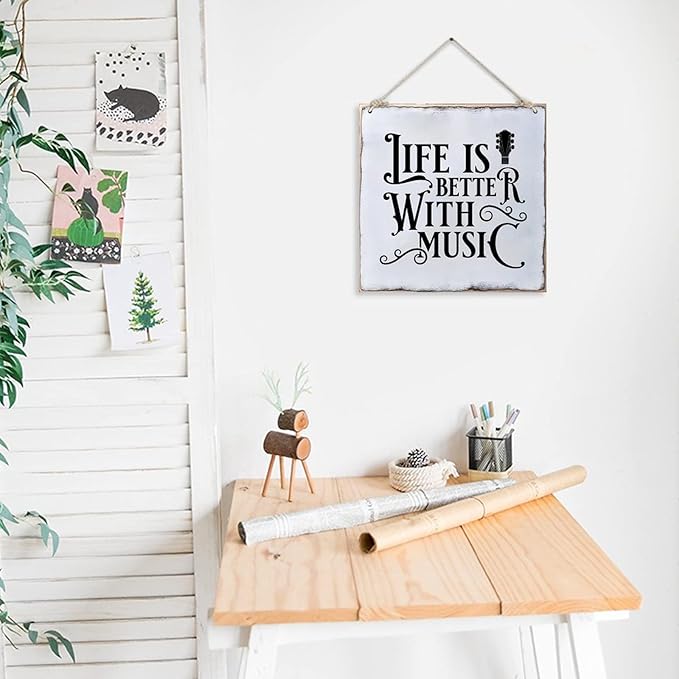 Distressed Look Wood Sign Life is Better with Music Rustic Farmhouse Wooden Sign with Quote Retro Wooden Art Plaque Vintage Wall Hanging Wall Decor for Porch Room House Home Decor Gift for Music Lover