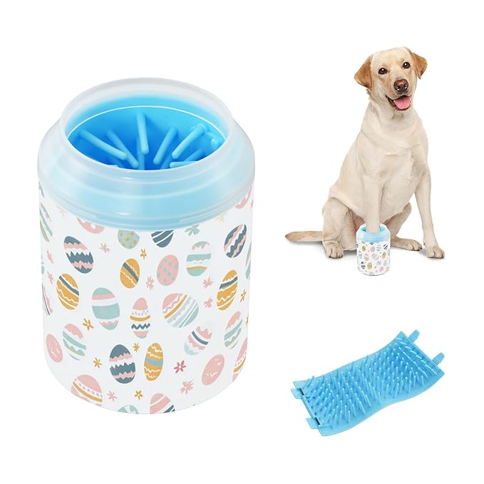 Fustylead Colorful Easter Eggs and Spring Floral Dog Paw Washer for Muddy Paws, Gentle Paw Cleaning Cup for Small & Medium Dogs/Cats, Easy to Use and Travel-Friendly