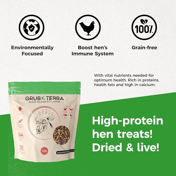 GrubTerra Black Soldier Fly Larvae for Chickens – Dried BSFL Poultry Treat, High Protein Calcium Feed Supplement for Laying Hens, Backyard Chickens, Sourced from Mexico, Not from China - 10LB