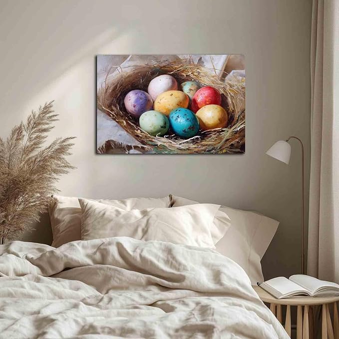 MNFGMH Easter Canvas Watercolor Easter Eggs Spring Art Cute Easter Picture for Living Room and Kitchen Wooden Frame 20x30 inch