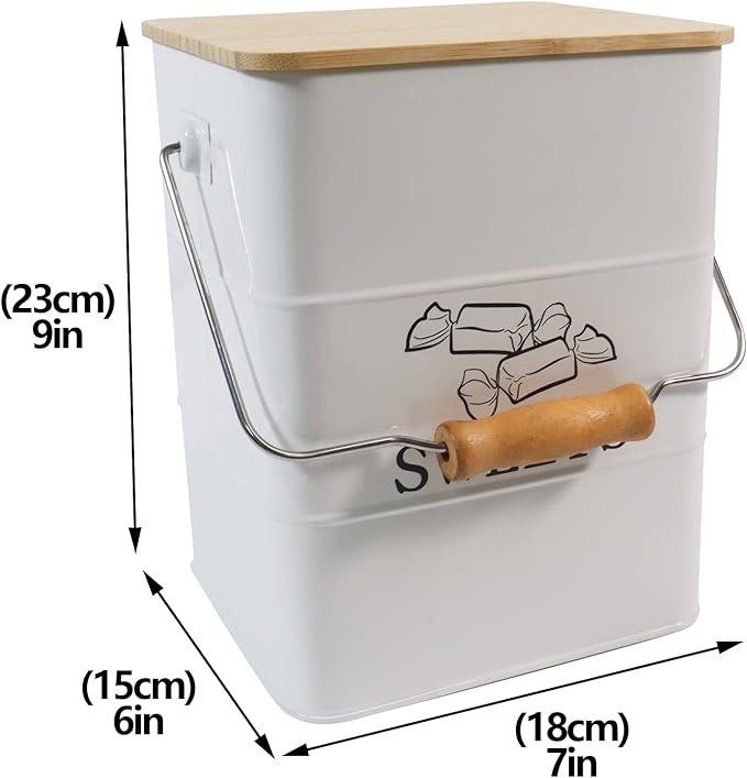 Candy Jar for Kitchen Counter, White Metal Candy Can Candy Tin with Airtight Bamboo Lid & Portable Handles, Candy Buffet, Party Table - Food Storage Canisters for Candies, Cookies, Sugar Cubes,