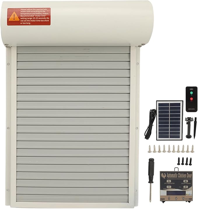 Solar Powered Chicken Coop Door, Automatic Electric Poultry Door Opener with Timer and Remote Control for Home and Farm Use (White)
