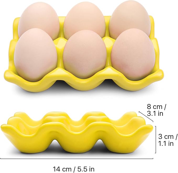 Flexzion Ceramic Egg Holder for Fridge - 6 Cups Egg Tray Half Dozen Porcelain Container Keeper Storage Organizer Decorative Serving Dish Serveware for Refrigerator Countertop Display Kitchen (Yellow)