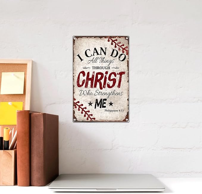 Bible Verse Wall Decor Philippians 413 Baseball Christian Metal Sign Religious Home Faith Inspirational Art Boys Room Bedroom Sports 8 x 12 Inch Kitchen Indoor Outdoor