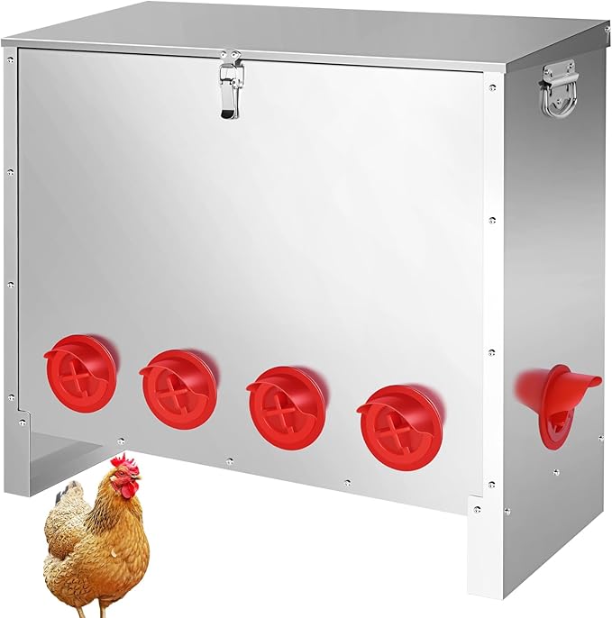 Metal Chicken Feeder 85 lbs Capacity, Galvanized Chicken Feeder with 10 Ports, Waterproof Automatic Poultry Feeder Suitable for Geese, Ducks, Turkeys, Quails