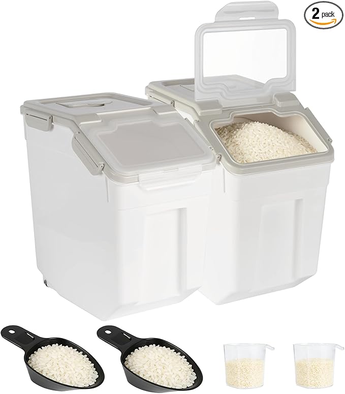 2 Pack Rice Container 25 lbs Large Bulk Flour Sugar Storage Holdhouse Plastic Grain Cereal Dry Goods Bin with Spoon and Measuring Cup for Kitchen Pantry Organization - Grey