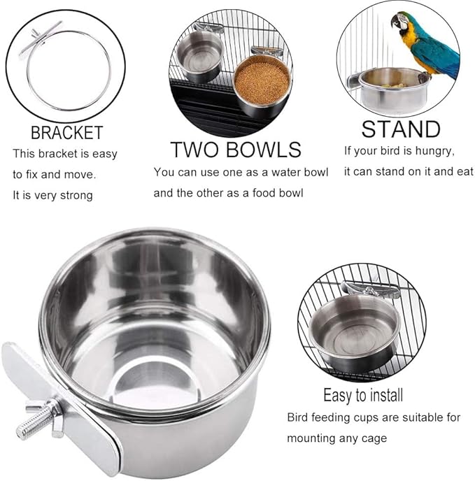 PINVNBY 2PCS Parrot Feeding Cups Birds Food Dish Stainless Steel Parrot Feeders Water Cage Bowls with Clamp Holder for Cockatiel Conure Parakeet Macaw Small Animal (Size: L)