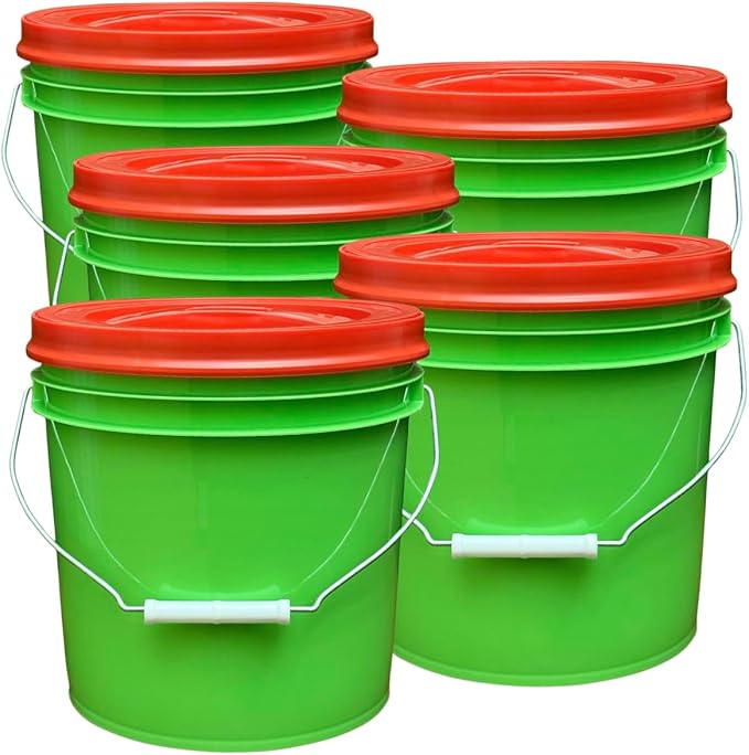 House Naturals 2 Gallon Food Grade - BPA Free Made in USA Buckets Lime Color pails with Screw On Gasket Lids (5, Lime - Red lids)