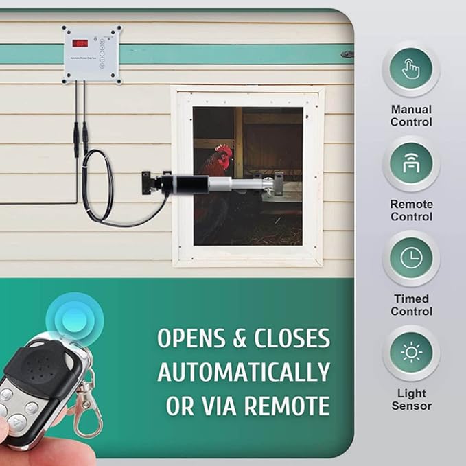Automatic Chicken Coop Door Opener, Timing Photosensitive Remote Door Closer, Auto Chicken Cage Gate Opener Closer Remote Control Kit
